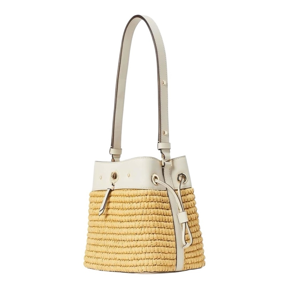 Kate Spade Marti Small Bucket Bag is woven straw exterior and leather trim